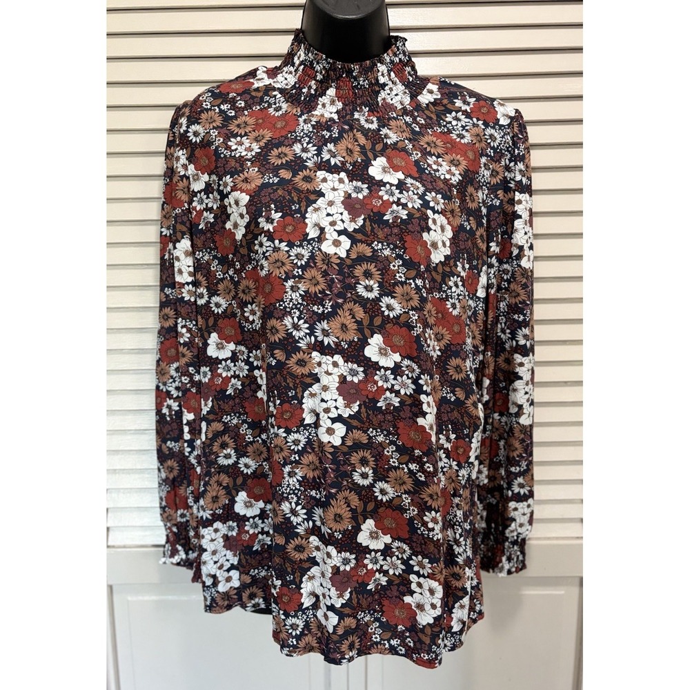 Alexander Jordan Brown/Burg Floral Long Sleeve Smocked Neck/Cuffs Blouse Size L